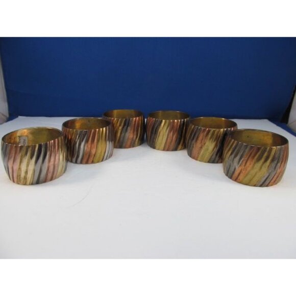 Vintage Brass Copper Silver Ribbed Napkin Ring Holders Set of 6 - Picture 10 of 13